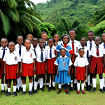 **A diverse group of children in Guinea, wearing school uniforms from different types of schools (French, International, local), joyfully participating in extracurricular activities like soccer and traditional dance, with lush greenery and vibrant fabrics in the background, reflecting the blend of Guinean culture and education.**