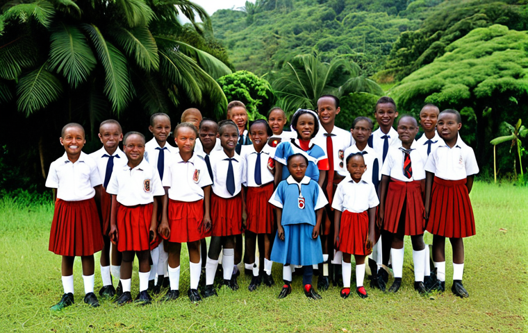 **A diverse group of children in Guinea, wearing school uniforms from different types of schools (French, International, local), joyfully participating in extracurricular activities like soccer and traditional dance, with lush greenery and vibrant fabrics in the background, reflecting the blend of Guinean culture and education.**